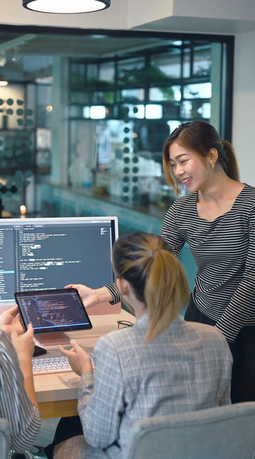 Female project supervisor explaining detail of project developing website design and coding technologies at creative office.